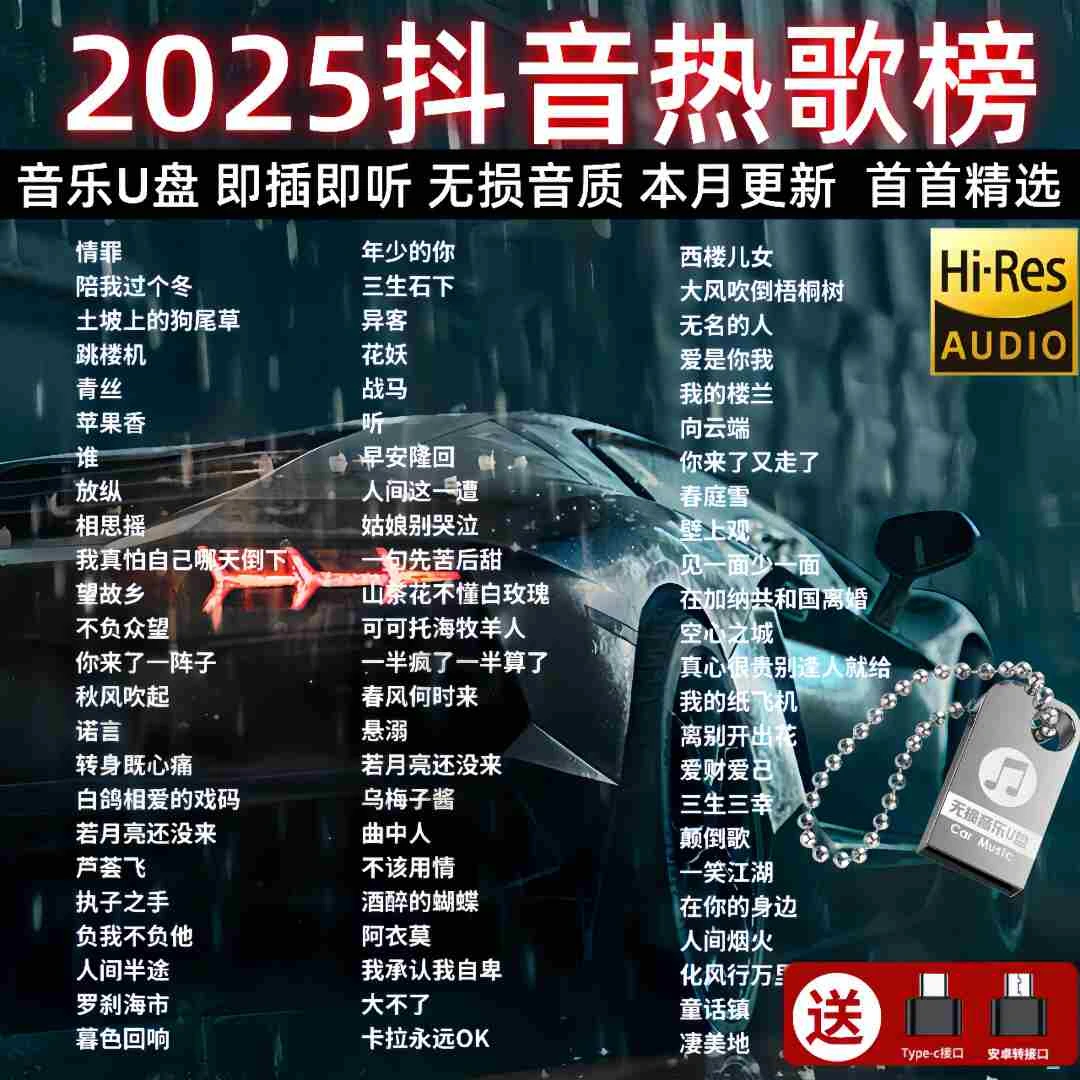 抖音流行歌曲无损音质歌曲u盘2025最新款最火车载音乐U盘MP3/4