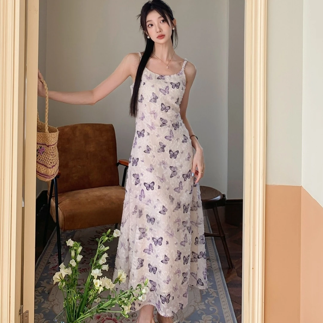 qqfs6058法式优雅气质提花显瘦吊带裙2025夏季减龄蝴蝶印花连衣裙