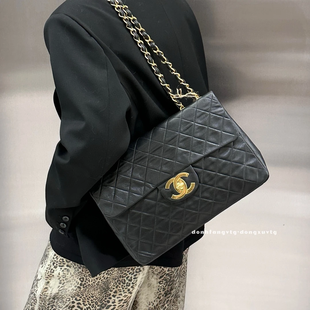 95新 Chanel/香奈儿 chanel 黑金cf贝嫂大号斜挎包