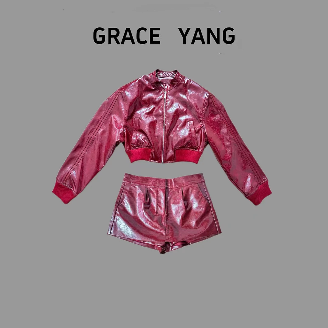 设计师红色皮衣套装