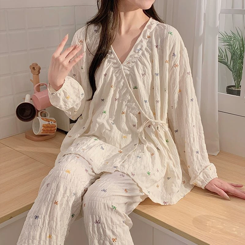 两件套蝴蝶结月子服套装云朵棉四季月子服孕妇哺乳喂奶长袖和服