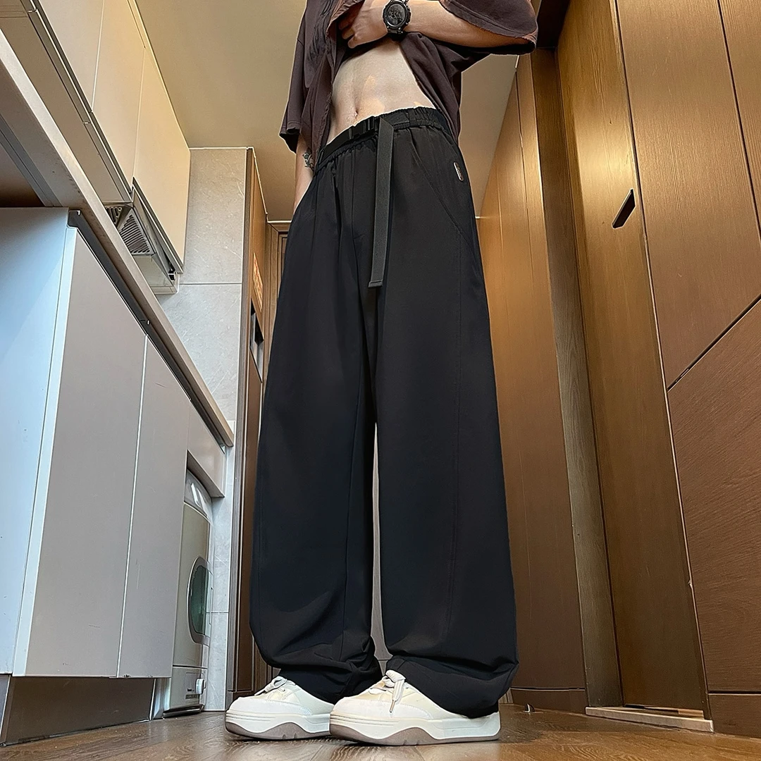 夏季薄款冰感直筒裤自带卡扣腰带垂感冰丝裤男大码宽松休闲裤长裤