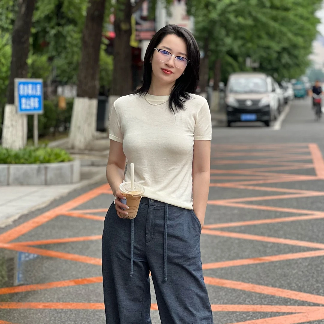 櫟丝御锦【白天鹅】柞蚕丝白色圆领针织简约百搭时尚上衣1609-5修身