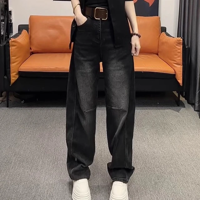 大码女装复古百搭直筒牛仔裤女2025春季新款弹力弯刀窄版阔腿裤子