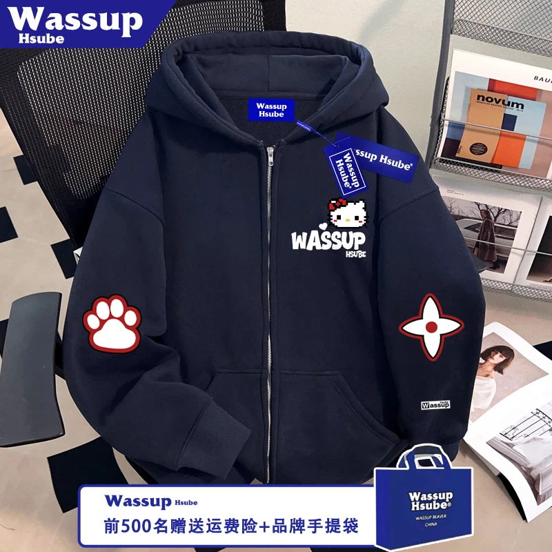 WASSUP HSUBE像素凯蒂猫卫衣全拉链藏青连帽外套秋冬男女新款开衫