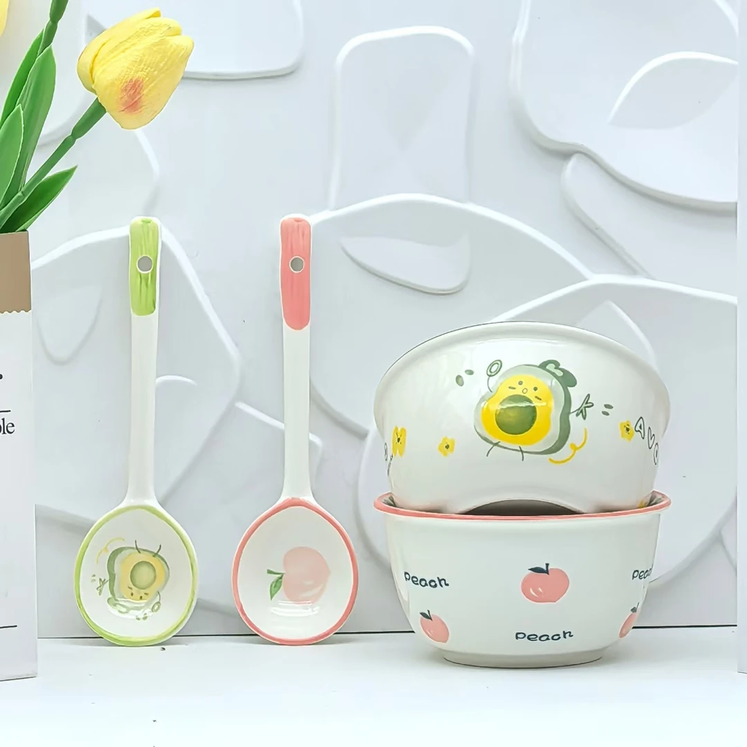 【2碗2勺】陶瓷4.5英寸水蜜桃牛油果饭碗家用勺子情侣碗水果系餐具
