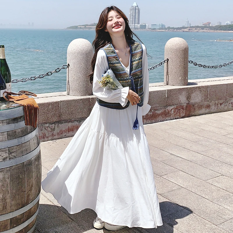 民族风两面穿马甲连衣裙套装女2025春新款气质V领显瘦长裙两件套