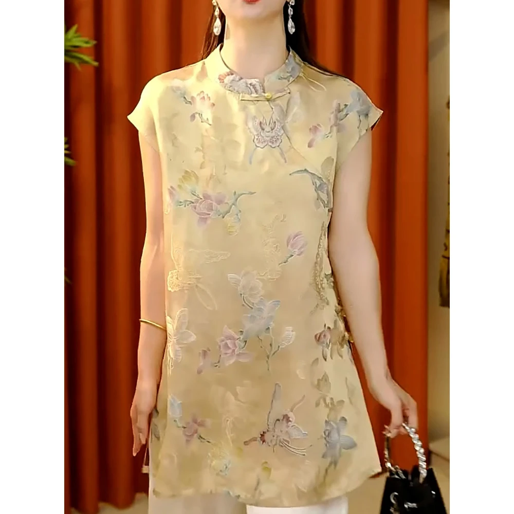 气质优雅名媛风中长款衬衣2025夏季新款端庄时尚轻奢印花短袖衬衫