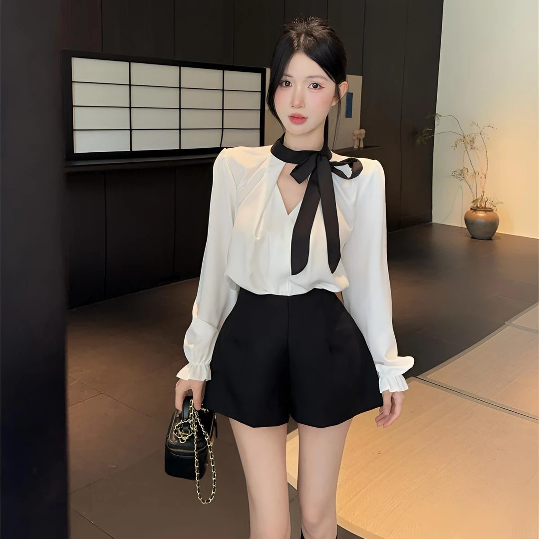 蝴蝶结绑带v领长袖黑白衬衫女御姐气质显瘦上衣高腰短裤两件套装