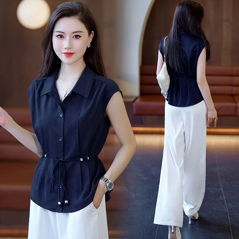 时尚套装夏季洋气气质休闲显瘦收腰减龄无袖上衣直筒裤两件套