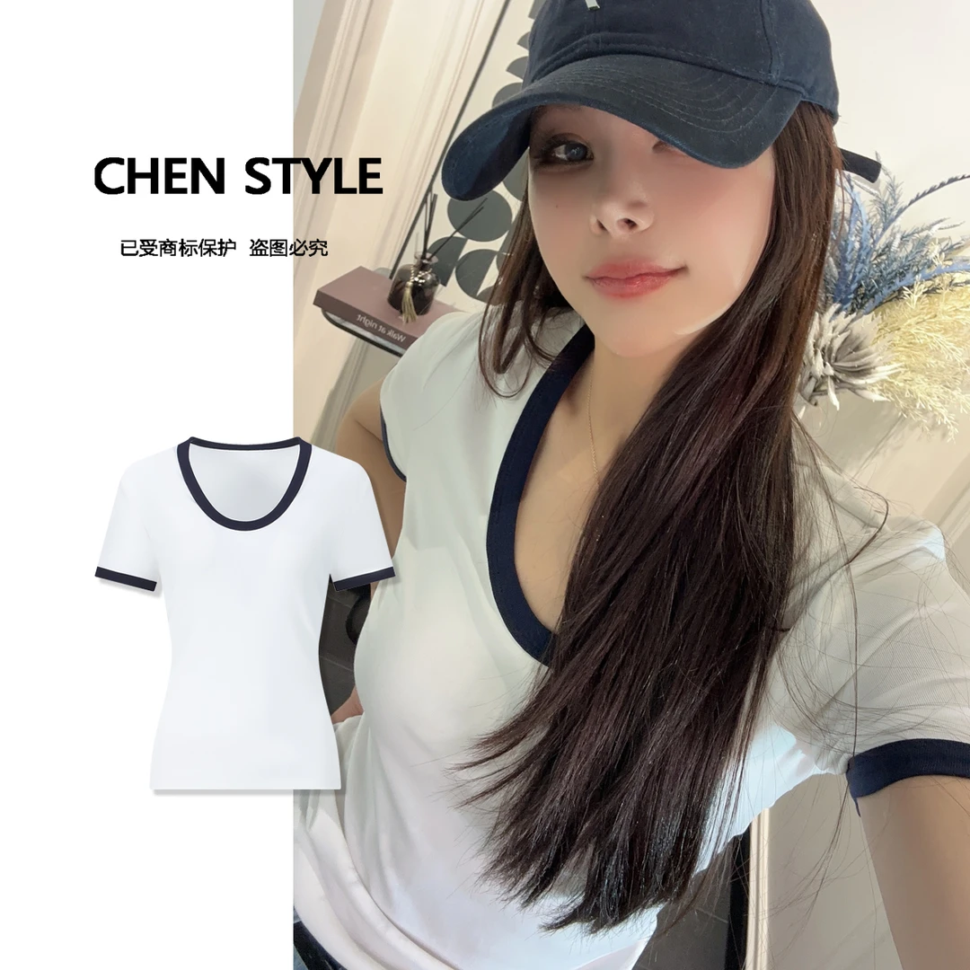 楚楚君【冰凉莱赛尔T】夏款撞色U领简约舒适透气短袖T恤T53025