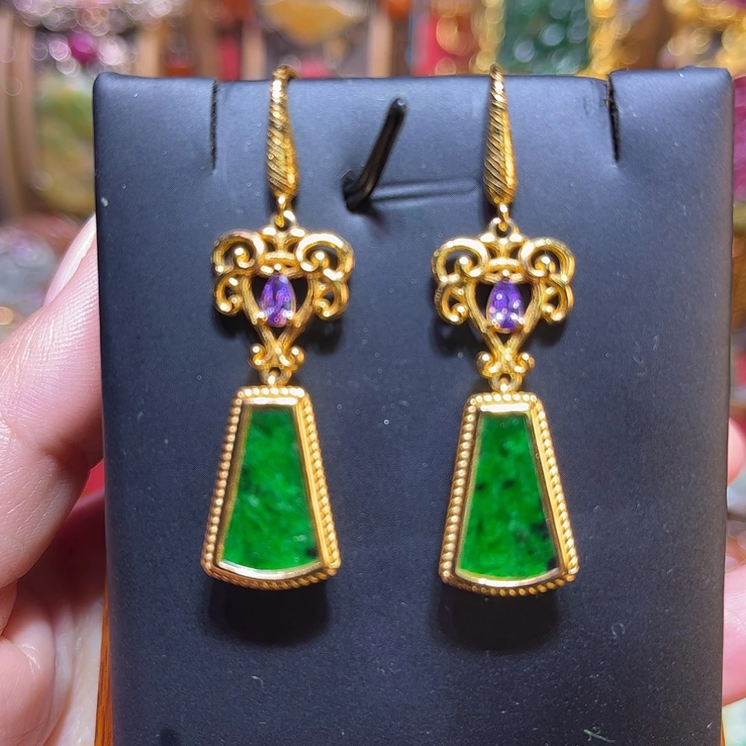 翡翠银S925镀金镶嵌耳坠双十二活动价