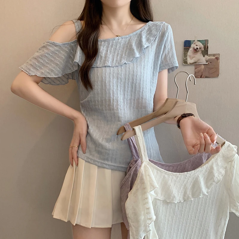 2025夏装新款胖mm大码女甜美肌理感露肩荷叶边小衫上衣