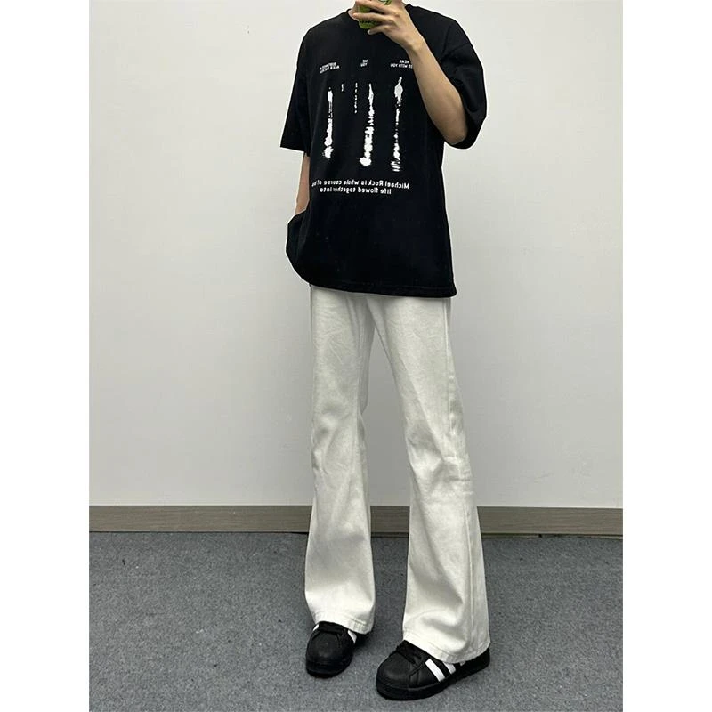 男装白色微喇牛仔裤男春季潮牌美式痞帅感裤子高腰直筒裤