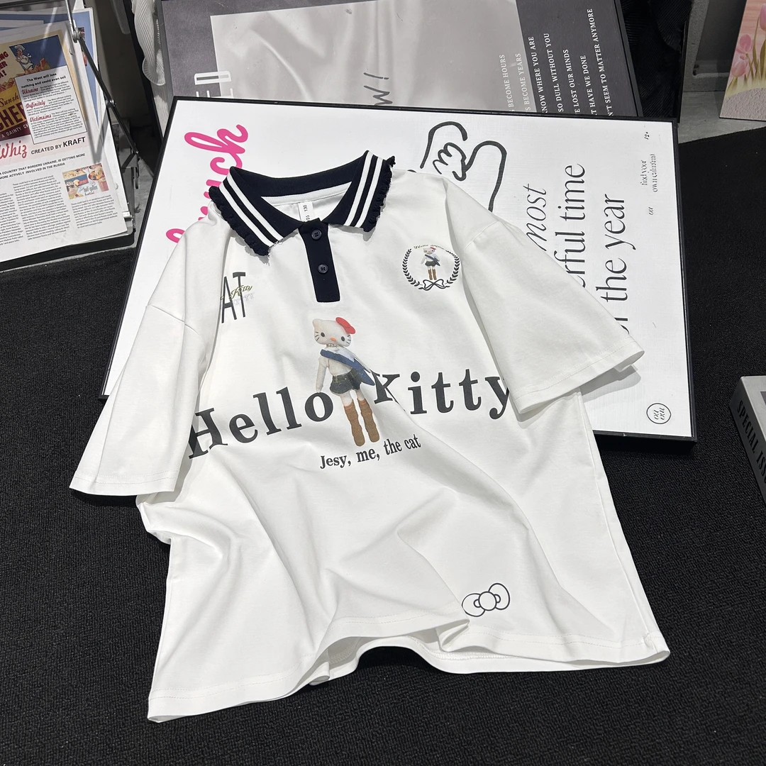 HK潮牌儿童小众polo领宽松休闲短袖T恤夏季纽扣上衣6678