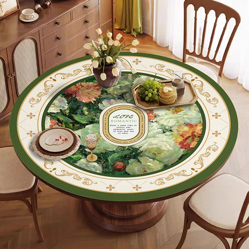 2024新款圆桌垫圆形茶几垫餐桌台面垫欧式油画防水防油皮革桌垫