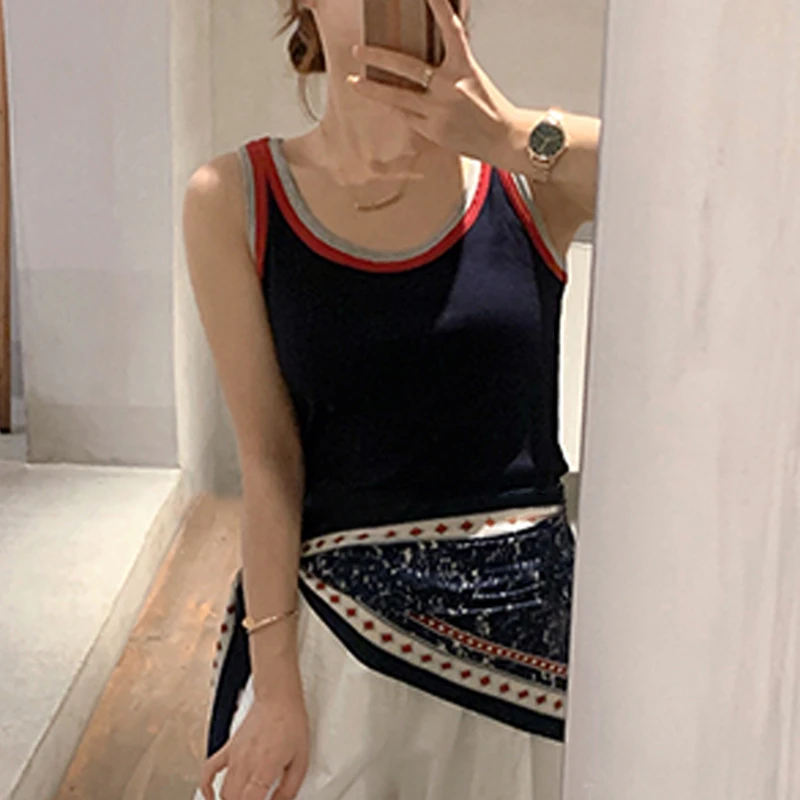 时尚撞色拼接无袖背心女2026夏季新款修身显瘦百搭洋气减龄小衫潮