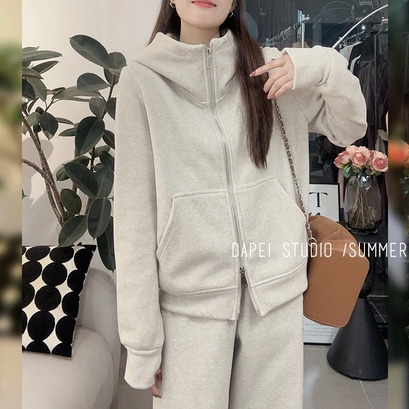 加绒加厚冬季半高领连帽套装百搭显瘦慵懒氛围感卫衣+阔腿裤