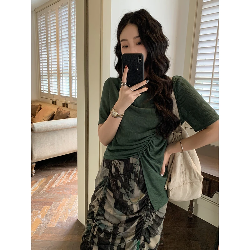 任小艺抽绳不规则t恤女短袖2024夏新款独特别致小上衣设计感A1384