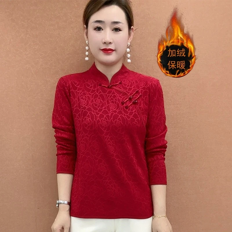 妈妈装保暖中年新中式冬季加绒加厚妈妈洋气旗袍衫中老年女装