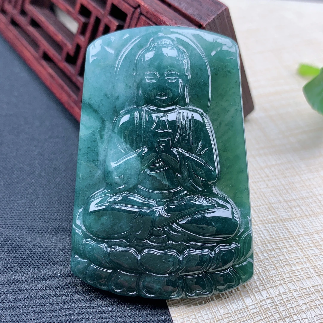 优惠纯天然翡翠飘花蓝色生肖狗猪阿弥陀佛守护神观音菩萨吊坠