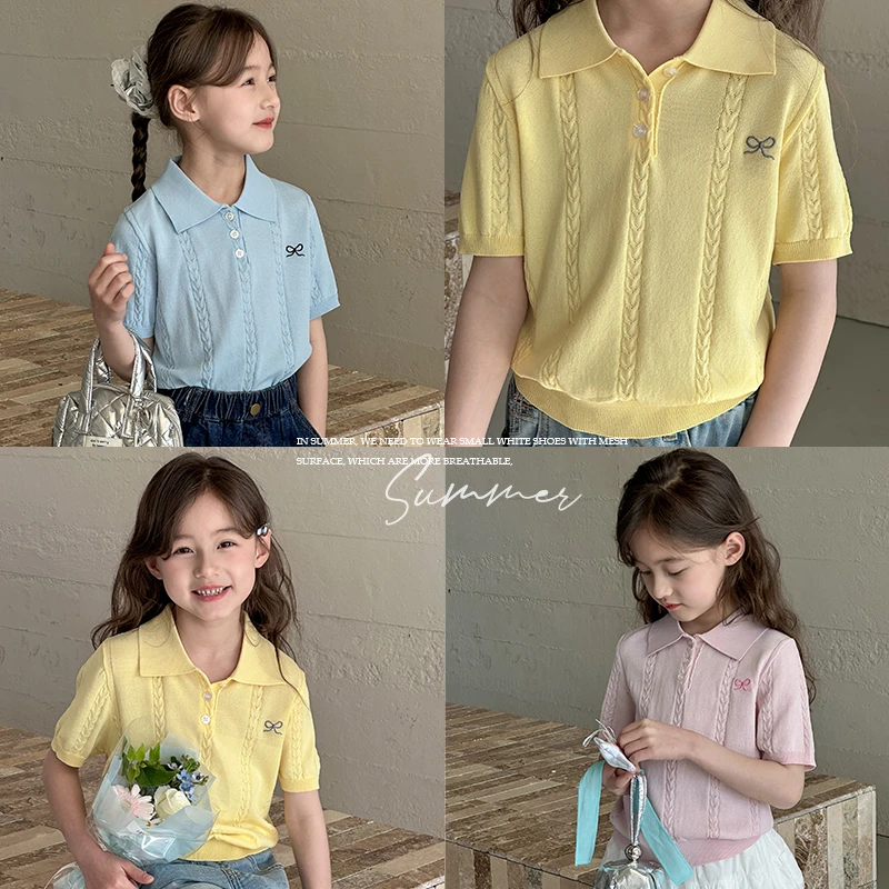 女童polo衫2025夏季新款儿童韩版蝴蝶结上衣中大童女孩短袖T恤潮