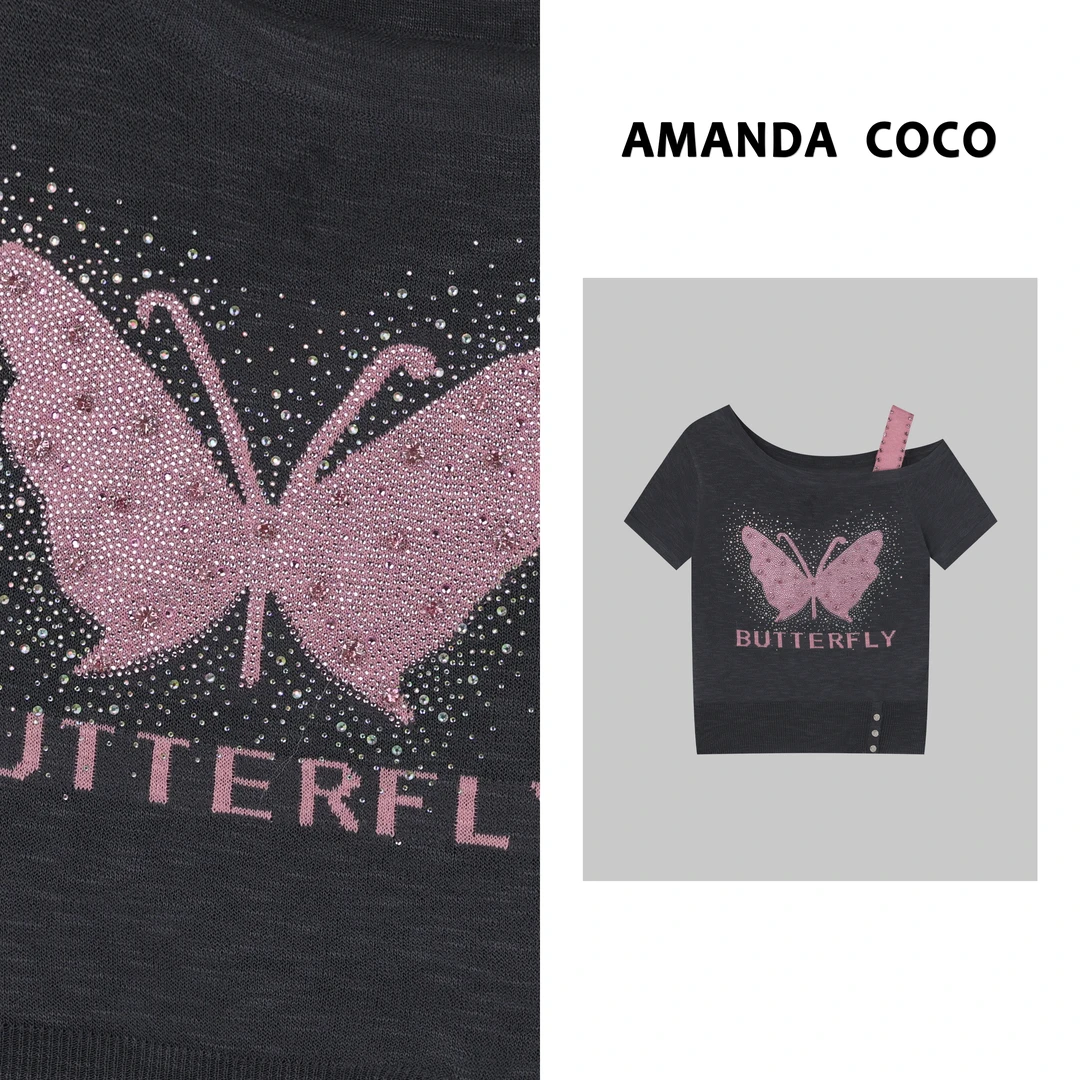 灿灿# 沁凉一夏～薄款烫钻蝴蝶刺绣百搭露肩短袖针织衫