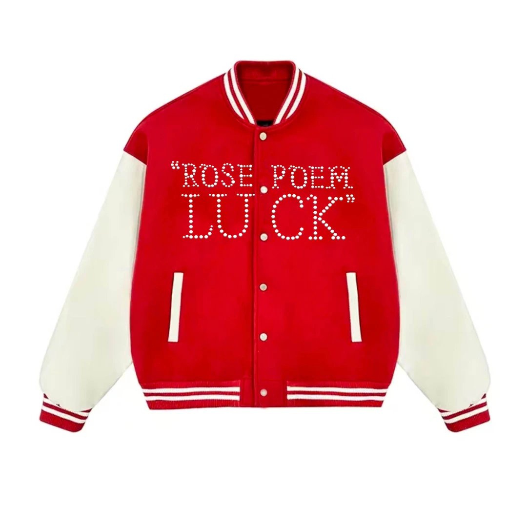 Rosepoem春款国潮牌重磅钉珍珠字母美式拼色棒球服夹克外套男女款