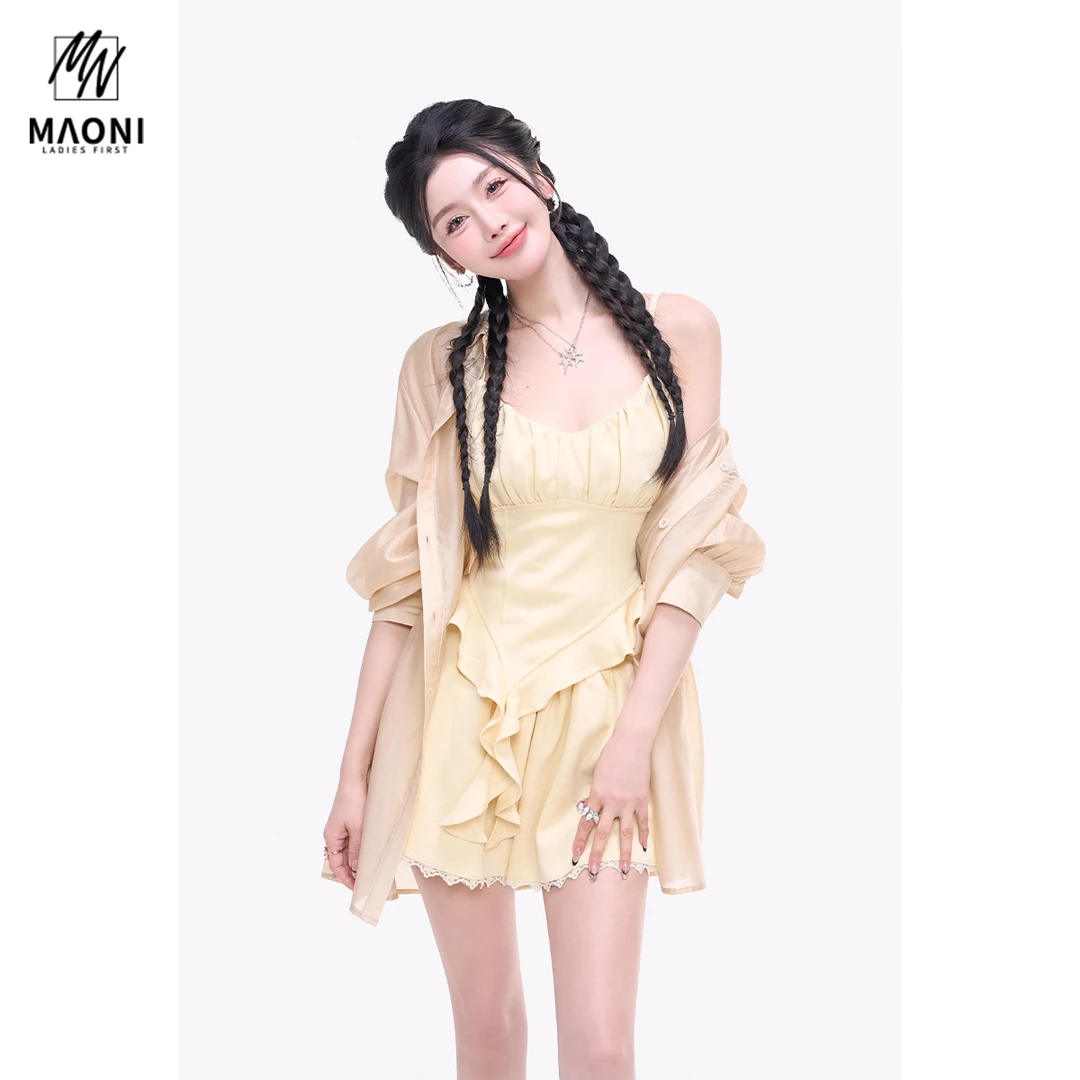 毛妮Peshe【柠荷叠夏】法式防晒衫荷叶边吊带背心短裤三件套L1603