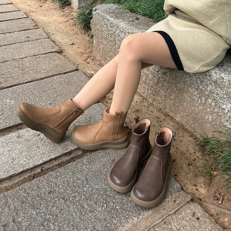2025冬季新款复古牛皮女靴厚底保暖防滑耐磨平底靴761-1