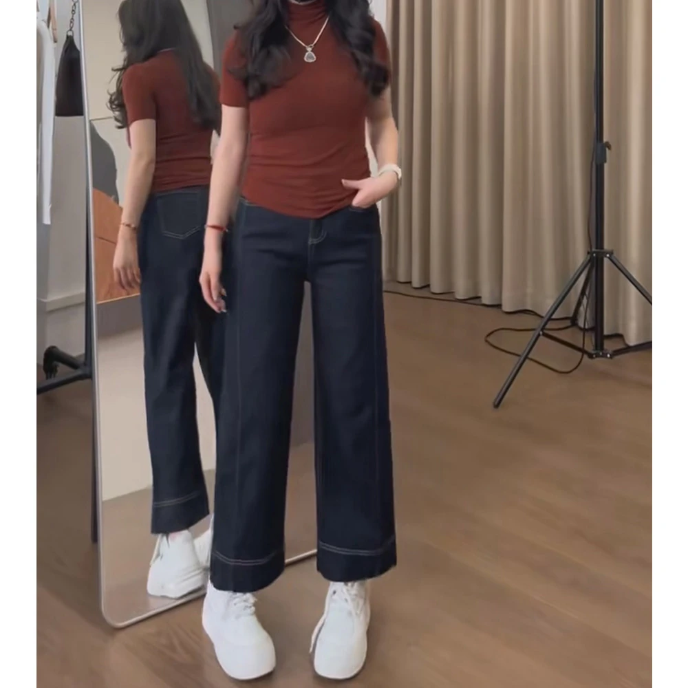 036梨形身材直筒牛仔裤女春季大码胖mm高腰弹力显瘦阔腿法棍裤子