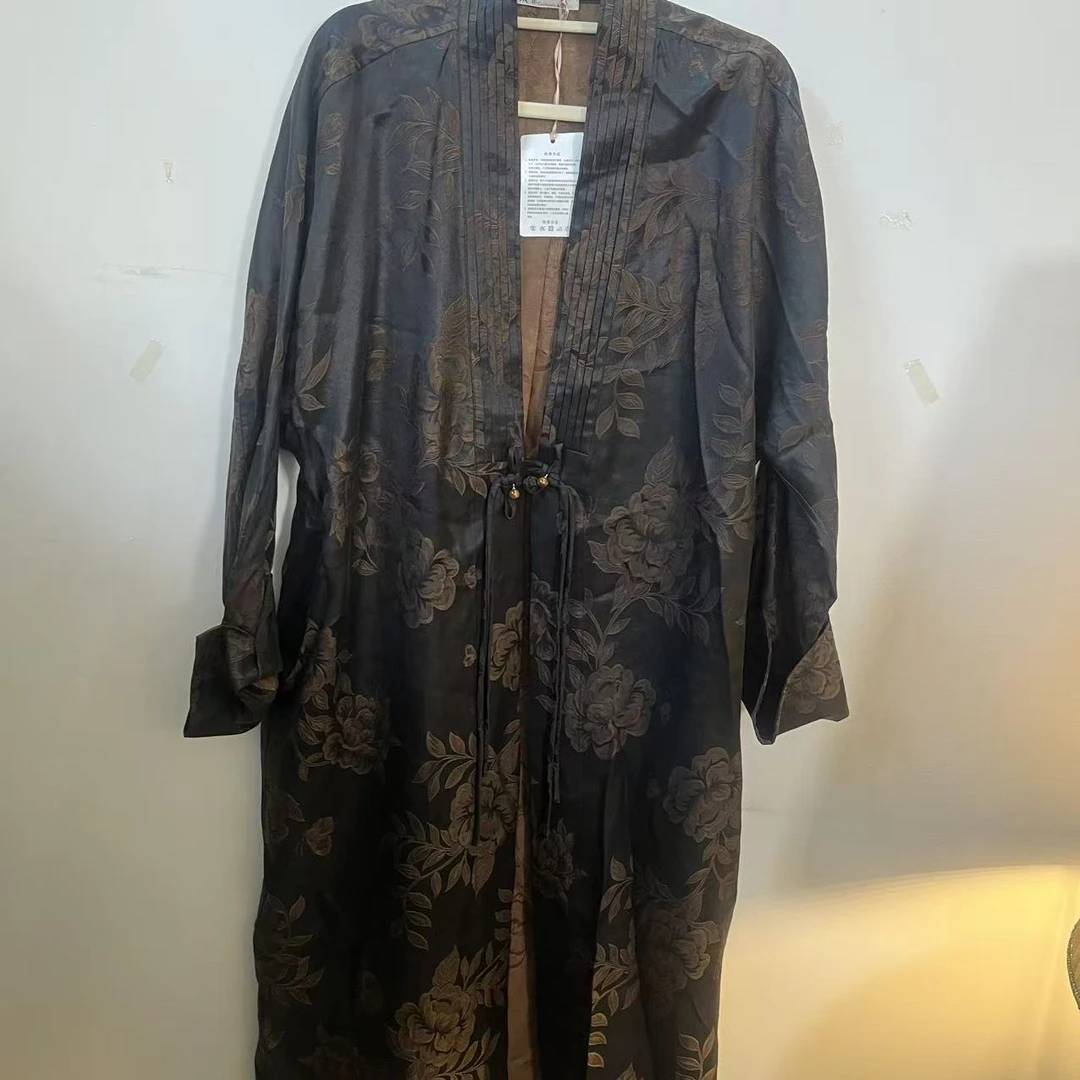 『清1429』复古中国风真丝提花宽松气质长款风衣-W4Q6226