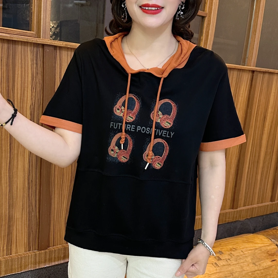 夏季拼色连帽短袖T恤女装新款休闲显瘦百搭洋气中老年妈妈装Y9917