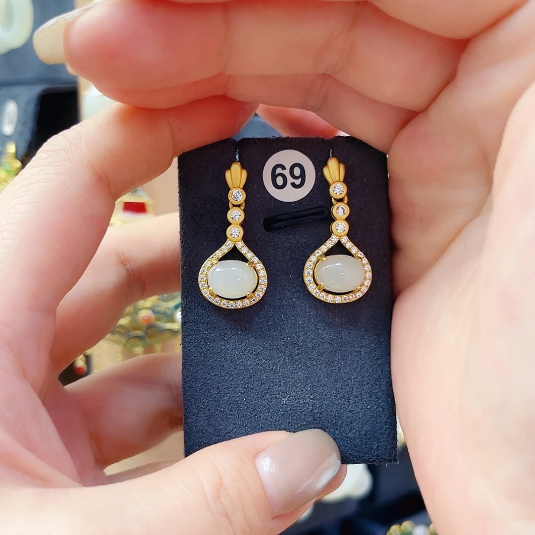 和田玉银S925镀金镶嵌耳饰