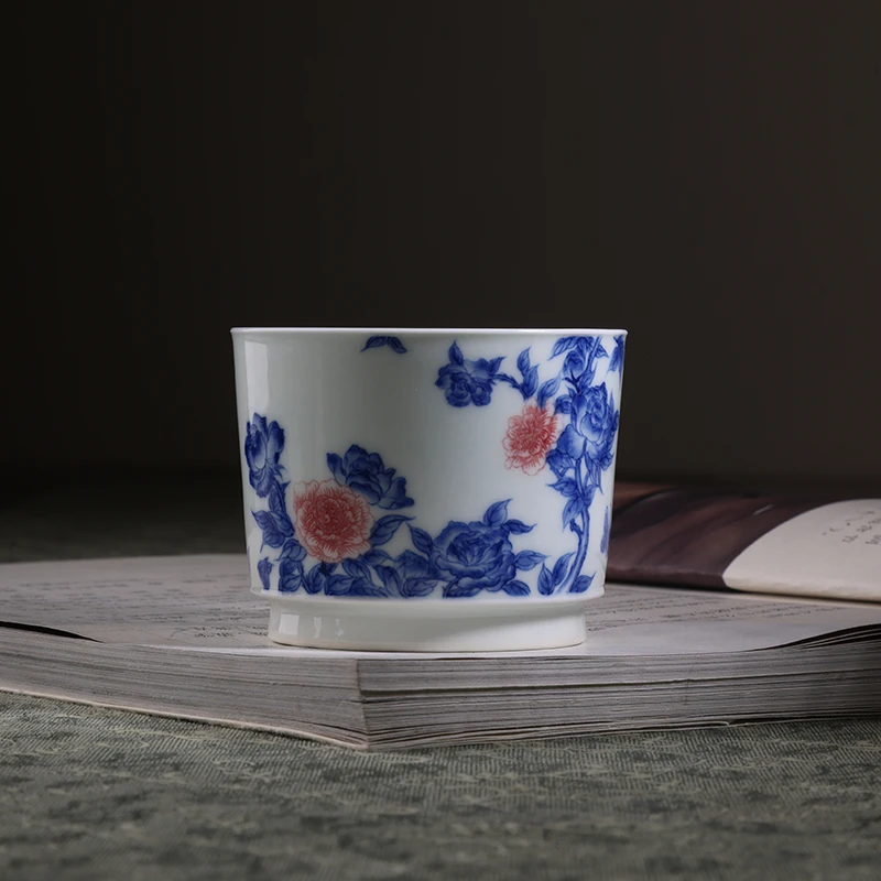 沐茗古韵青花釉里红玫瑰直口杯 mmgy45