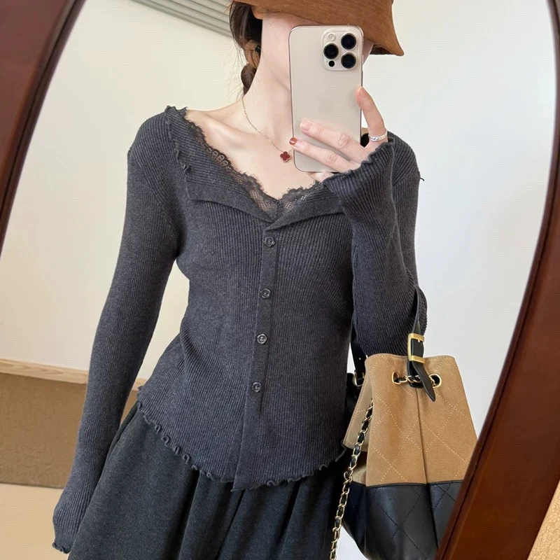 针织法式毛针织衫浅灰挂脖短毛衣春秋显瘦打底衫小众