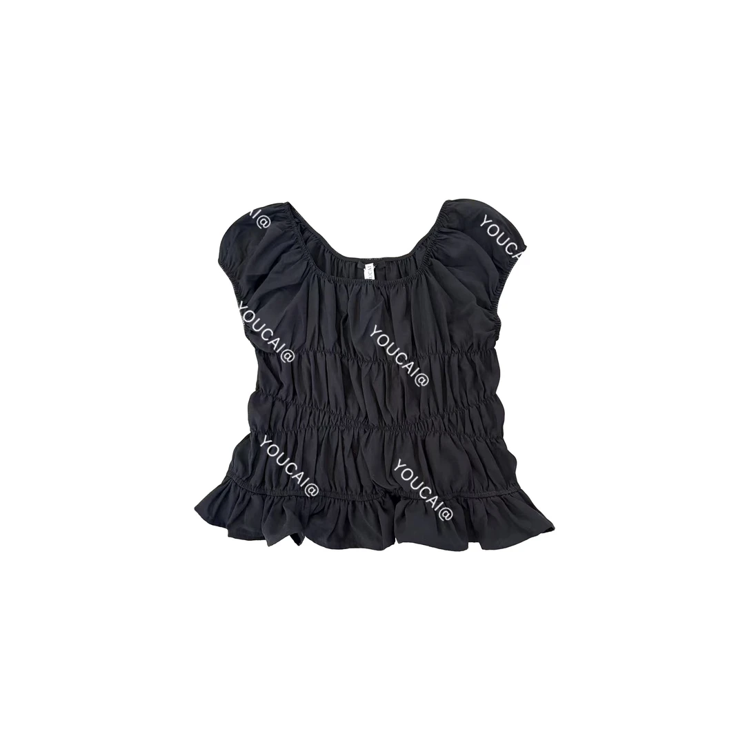YOUCAI25夏季｜黑色重工皱褶短袖