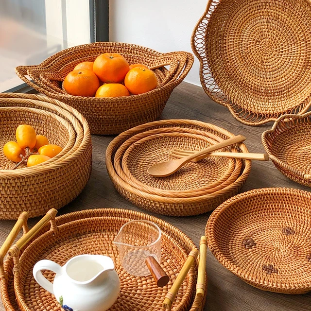 越南藤编收纳筐竹编篮子馒头筐客厅家用果篮手工托盘编织果盘日式