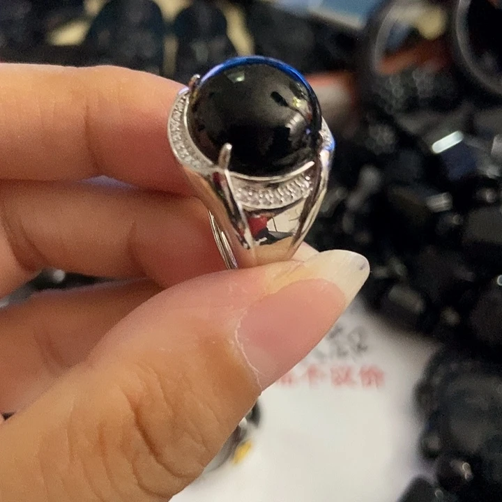 龙***洲银S925镶嵌戒指翡翠墨翠