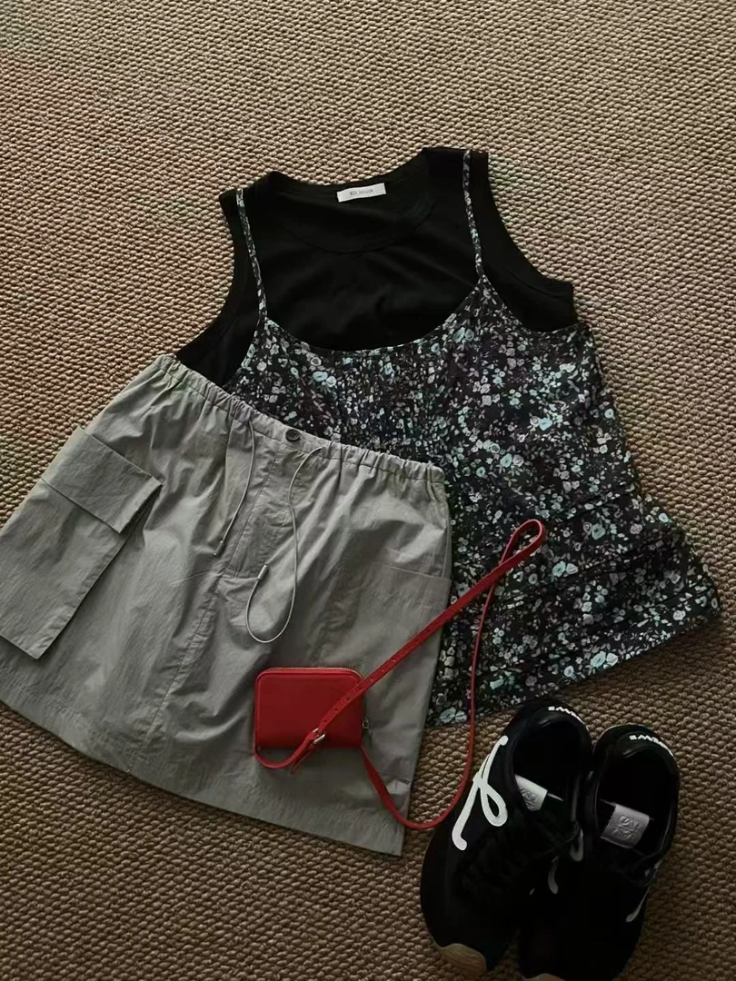 少女风休闲风0.0g宽松型吊带背心无袖运动梭织西域风