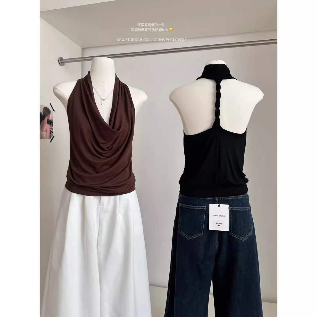 辣妹露背挂脖黑色小背心女夏季外穿海边度假纯欲荡领无袖上衣短款