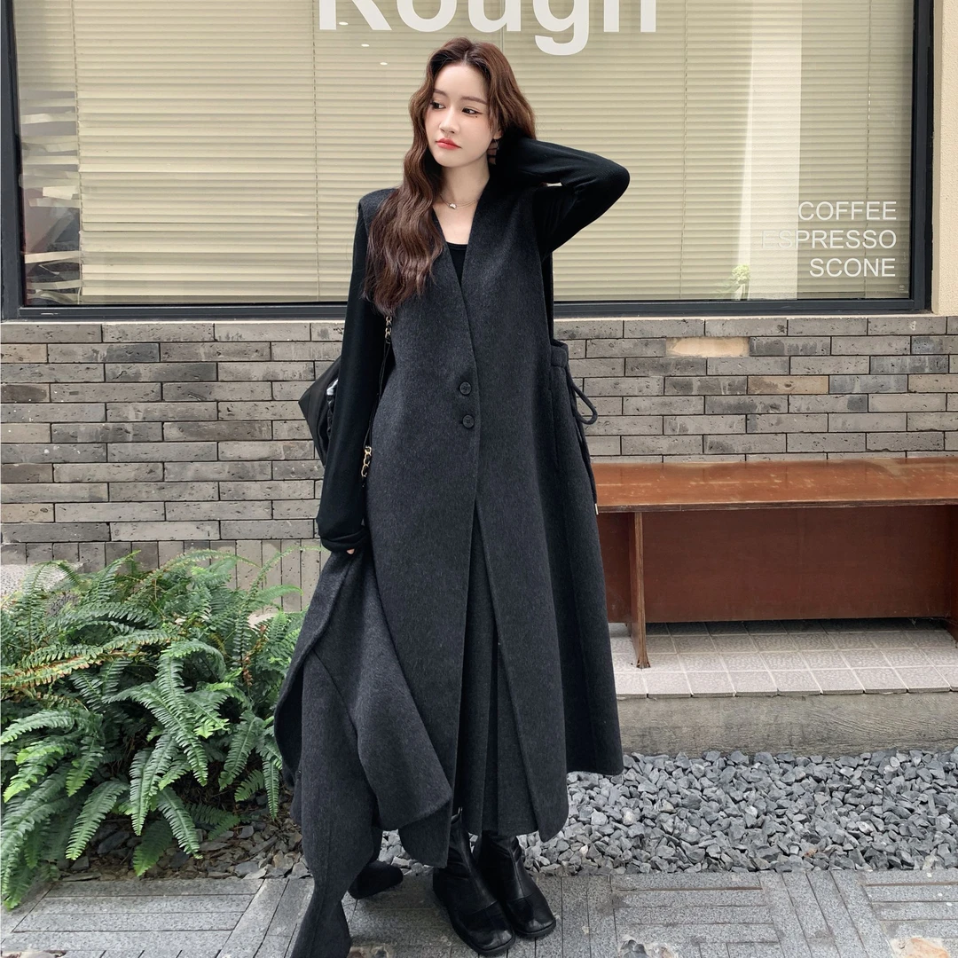 高级感碳灰色双面羊毛呢子套装女冬2025爆款长款马甲短上衣两件套