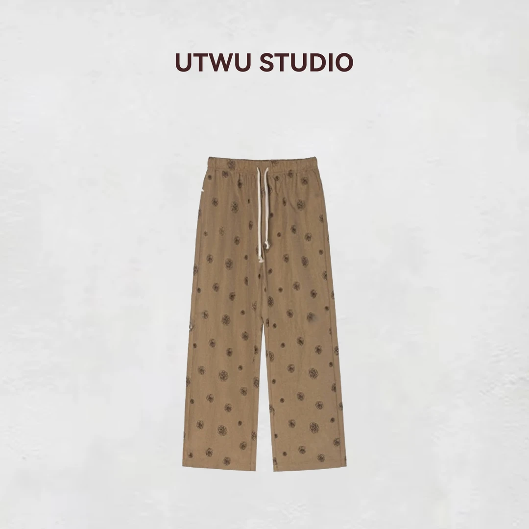 UTWU「山茶花九分裤」天丝混纺刺绣松紧腰裤S25K1028