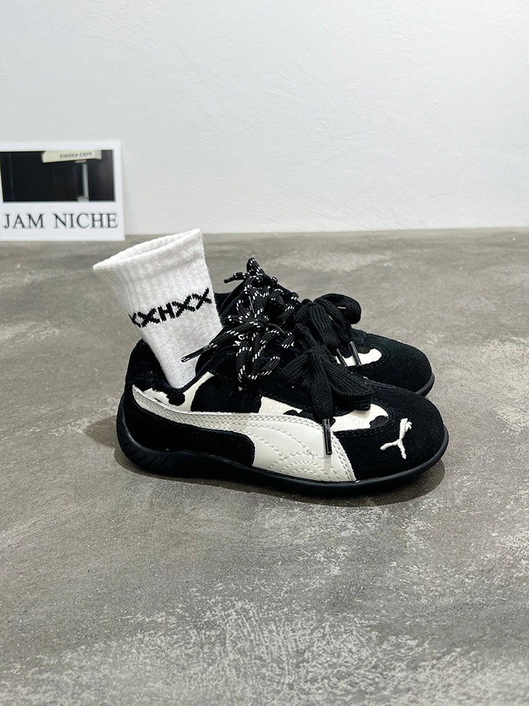 耿耿定制2025冬季新款加绒板鞋男女童皮革拼接休闲鞋低帮耐磨鞋子