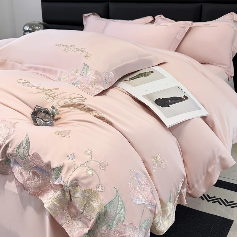 水星奢华家纺新结婚被套丝滑纯棉四件套粉色婚庆新婚床床上四件套