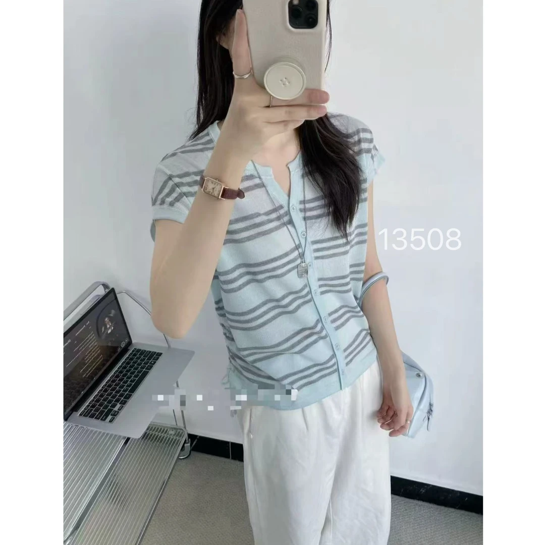 13508（部分无水洗唛，介意慎拍）WANGDAN新款剪刀领条纹撞色短袖