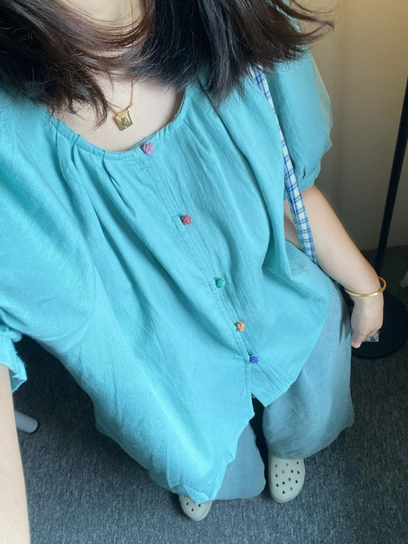 洁小洁001-200中大淑圆领褶皱夏季泡泡袖短袖衬衫韩版衬衣