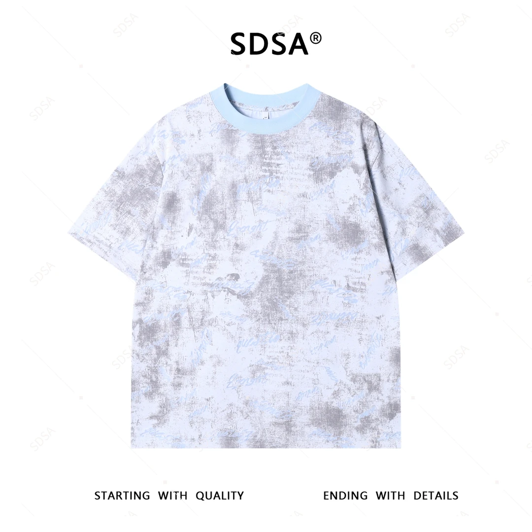 SDSA夏季新款男士痞帅美式撞色割破字母圆领短袖T恤时尚复古百搭