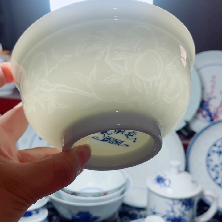 青花玲珑5.5寸饭碗寿桃5个老*