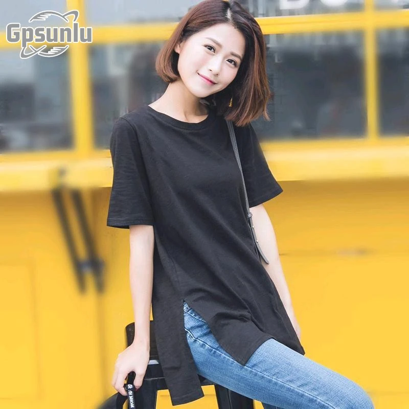 gpsunlu黑色时尚女恤短袖修身显瘦新款中长款两边春秋显瘦修身